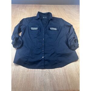 Cato 22/24W Black Western Style Shirt Embellished Button Up Roll Tab Plus